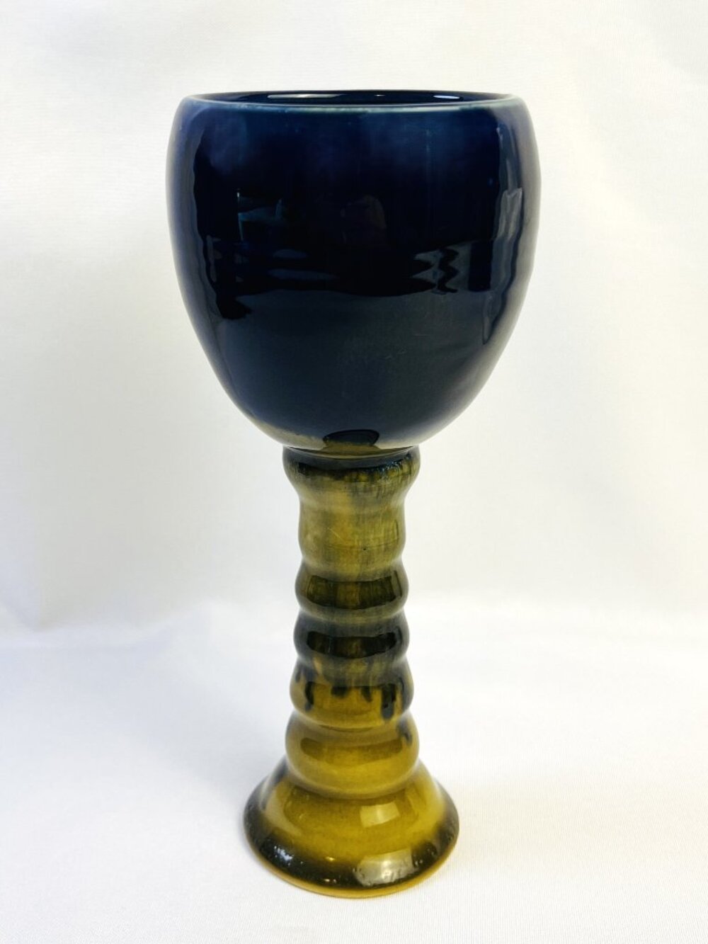 Handcrafted Stem Goblet Cobalt Blue & Brown Glazed Pottery Two-Tone Stoneware